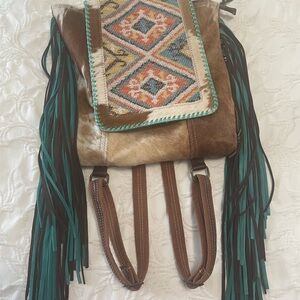 Myra Bag Brown Leather Backpack with Teal Fringe and Southwestern Panel